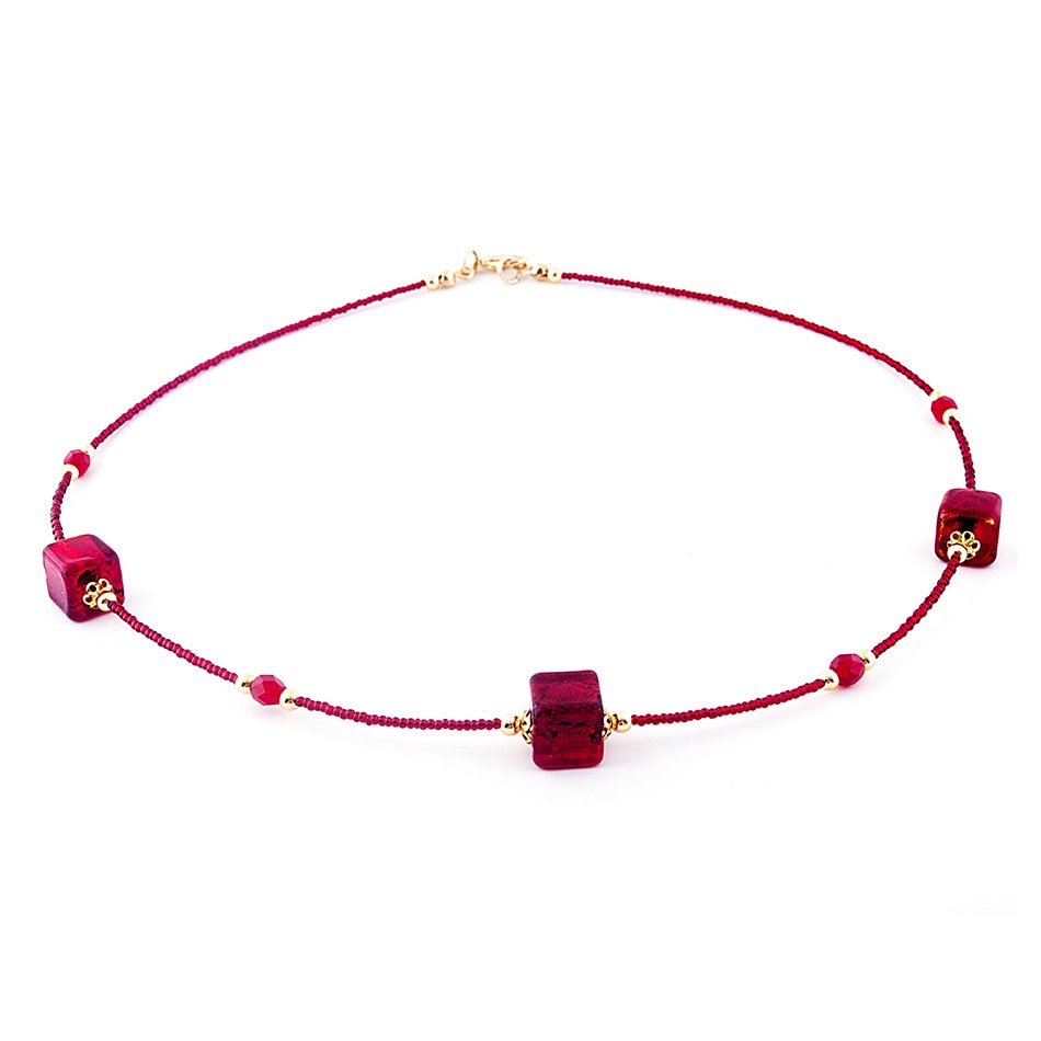 Colier CUBICO 3 rosu cu auriu din sticla de Murano, 45 cm, Bijuterii Original Murano