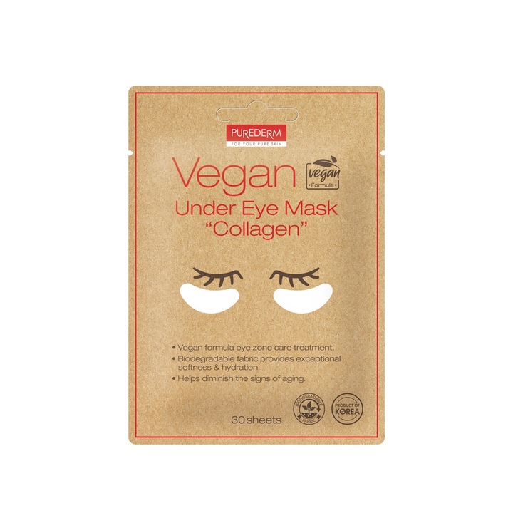 Purederm Vegan маска за под очи, колаген, алое, биоразградима, 30 бр.