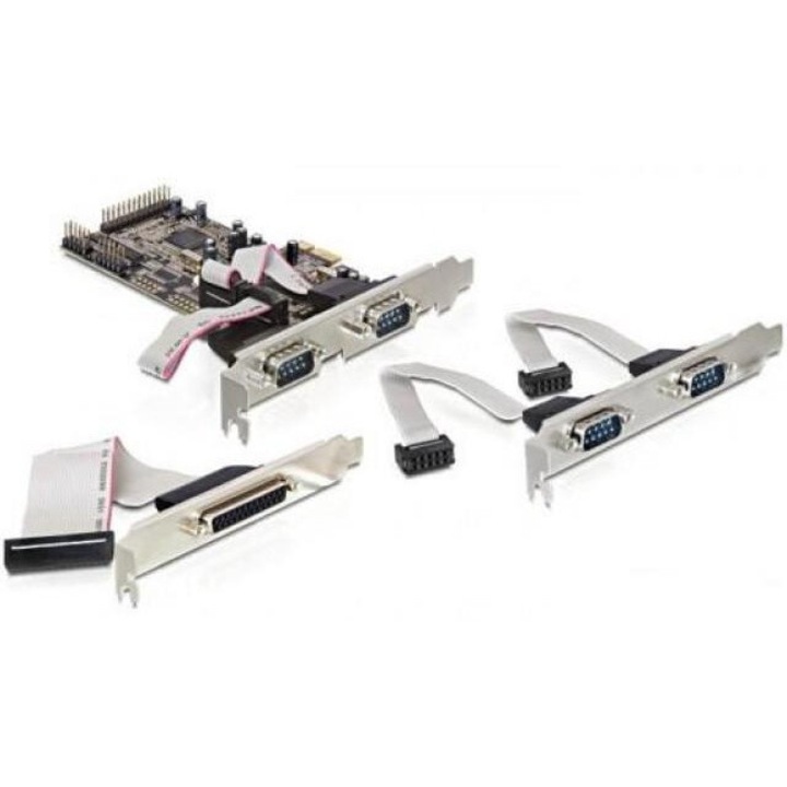 Placa PCI Express, DeLock, 4 porturi seriale, 1 port paralel, 54042, dimensiuni 2x DB9, 1x DB25