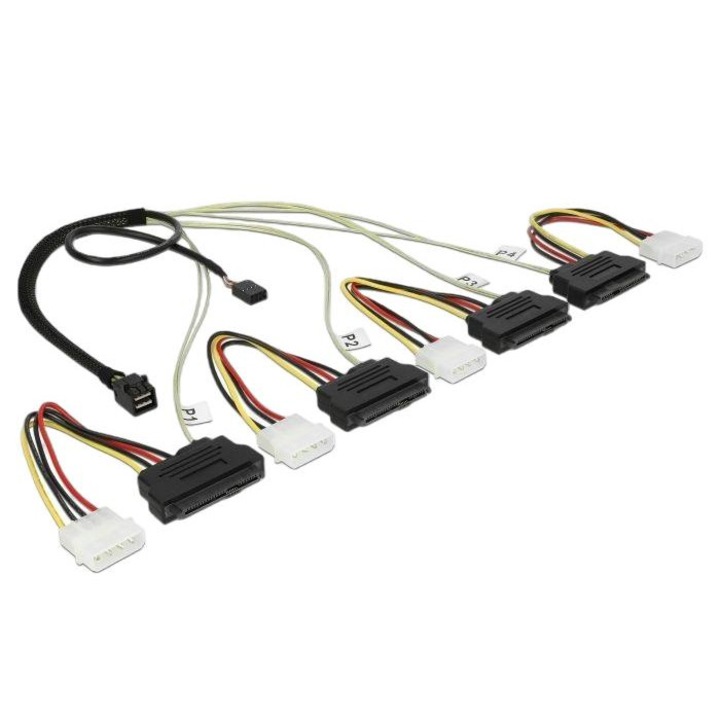 DeLock Mini SAS HD x 4 SFF 8643 мъжки > 4 x SAS 29 Pin SFF 8482 женски кабел 0,5 m 83390
