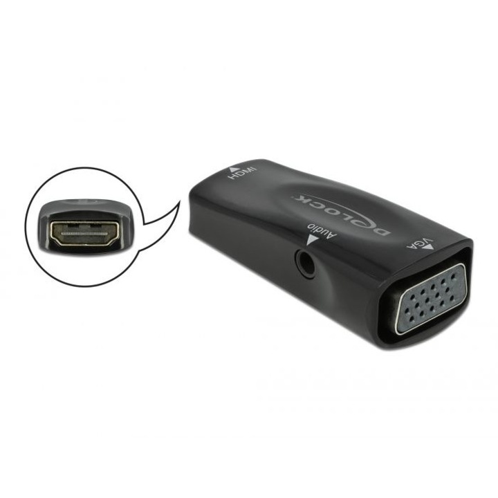 Adaptor HDMI-A mama la VGA mama, Delock, 1080p cu adaptor audio, Negru