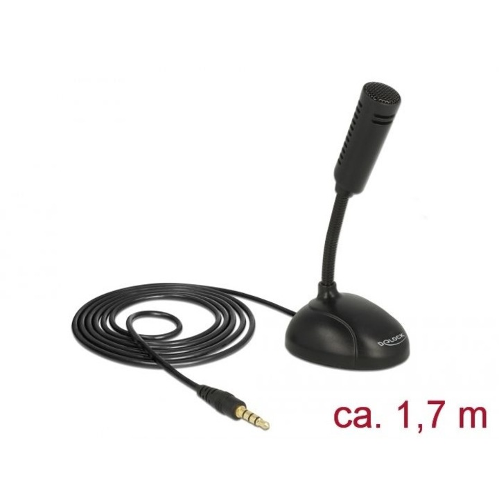 DeLock Condenser Mikrofon Omni-Directional for Smartphone / Tablet w/ gooseneck 3.5 mm 4 pin Sztereó jack Apa + 3.5 mm Sztereó jack Anya, Mikrofon/Fülhallgató