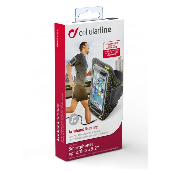 Husa telefon, Cellularline, ARMBAND RUNNING, neagra, pentru smartphone-uri pana la 5.2"