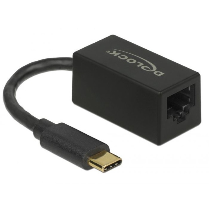 Компактен адаптер, Delock, SuperSpeed, USB 3.2 Gen 1, USB-C - Gigabit LAN, черен