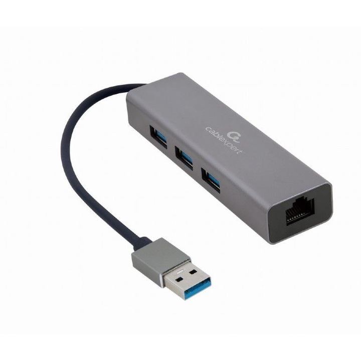Хъб, Gembird, USB 3.0, 3 порта, Gigabit порт, Сив