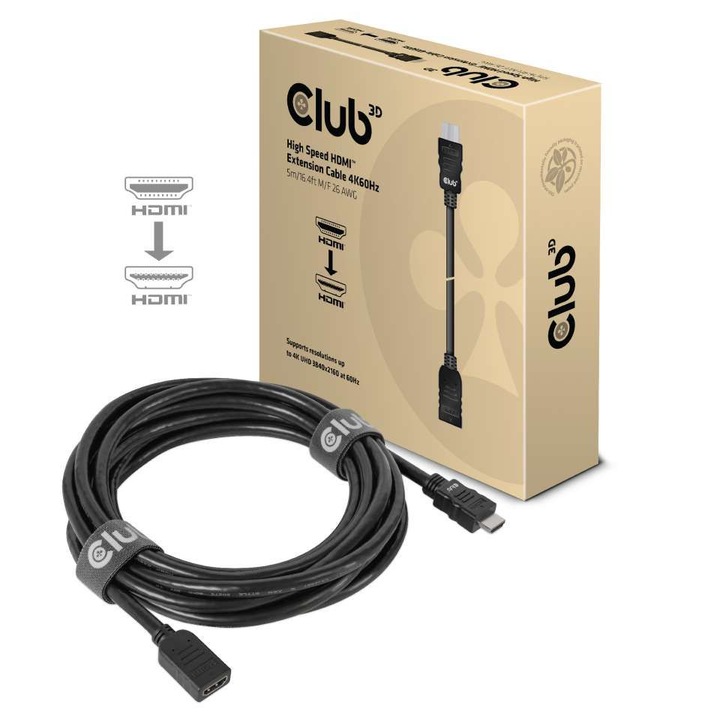 Club3D High Speed HDMI Extension Cable 4K60Hz M/F 5m Black, 155912, Kábel