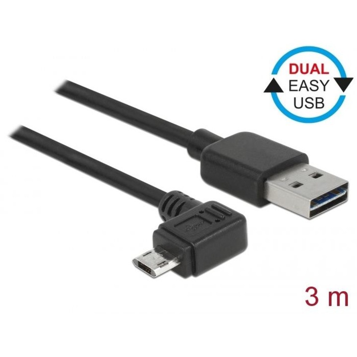 DeLock EASY-USB 2.0 Type-A Apa > EASY-USB 2.0 Type Micro-B Apa Szögben left/right 3m Fekete, Kábel