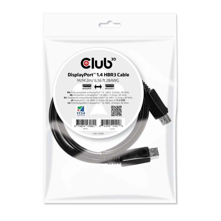 Cablu, Club3D, DisplayPort 1.4, HBR3, 8K,60Hz, M/M, 2m