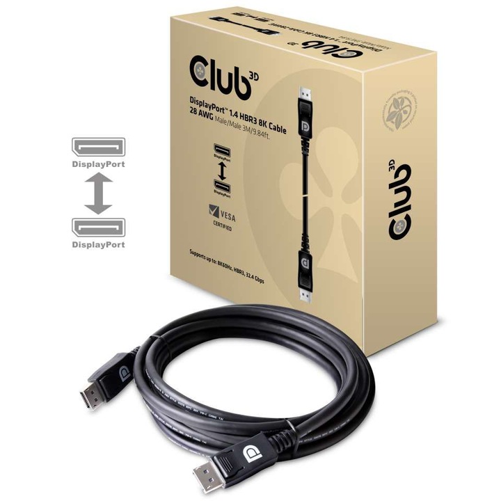 Club3D DisplayPort 1.4 HBR3 8K60Hz 28AWG kábel M/M 3m, 138037, Kábel