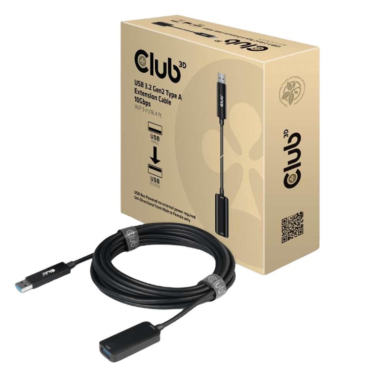 Hosszabbító kábel, Club3D, USB3.2 Gen2 A típusú 10Gbps M/F, 5m, fekete