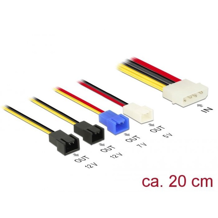 DeLock Power supply Molex 4 pin male > 4 x 2 pin fan (12 V / 7 V / 5 V) 20cm cable (CPX1347060)