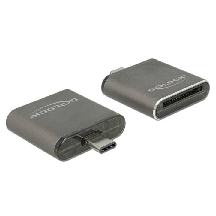 Cititor de carduri, DeLock, USB Type-C SDHC/SDXC UHS-II/MMC cu un singur slot, Gri, 1 bucata