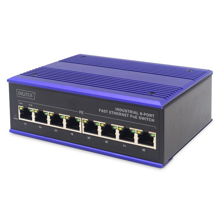 Digitus PoE Fast Ethernet Switch, 8 порта, син/черен