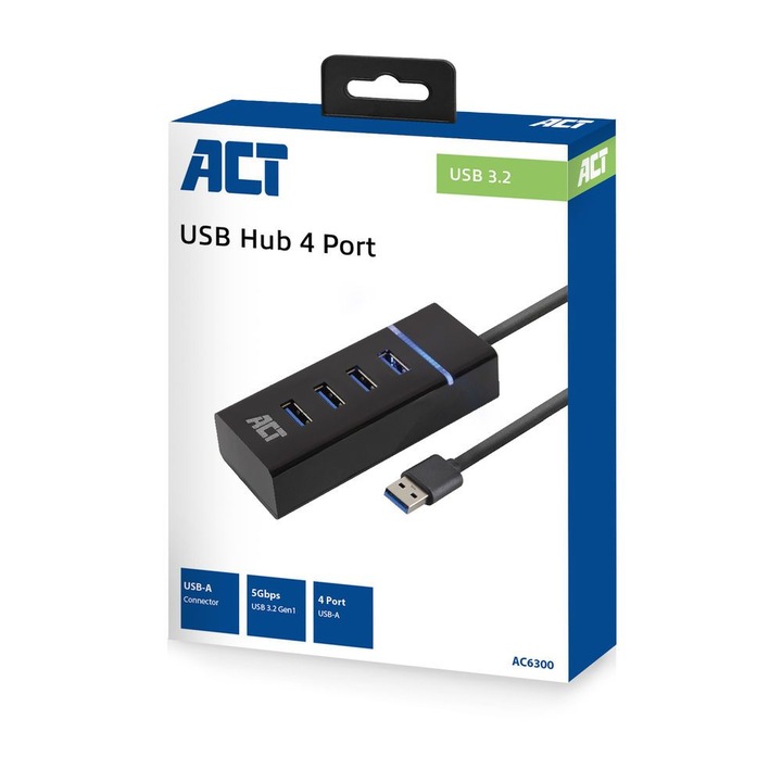 Hub 3.2, Act, Cu 4 porturi USB-A, Negru