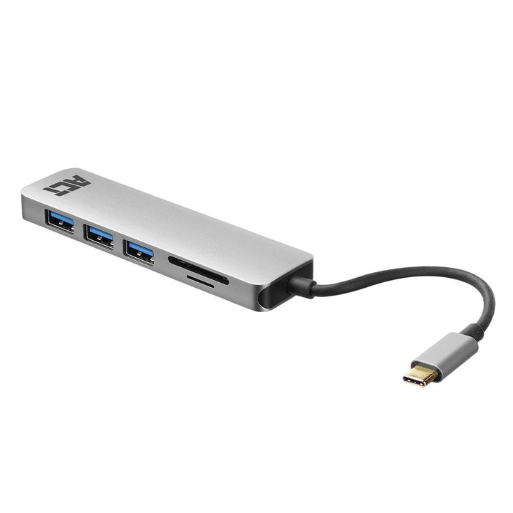 Hub cititor de carduri, ACT, USB-C/Card SD/Micro SD, 120 x 29 x 10 mm, gri/negru