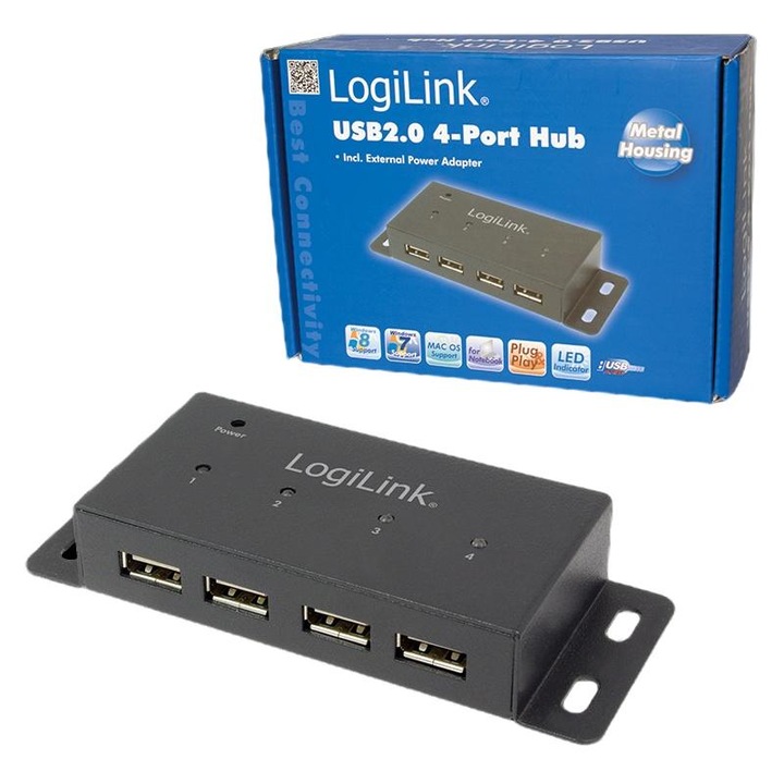 Хъб с 4 порта, Logilink, USB 2.0, черен
