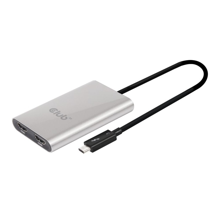 Adaptor hub, Club3D, Thunderbolt 3/Dual HDMI 2.0, 4K60Hz UHD, Argintiu
