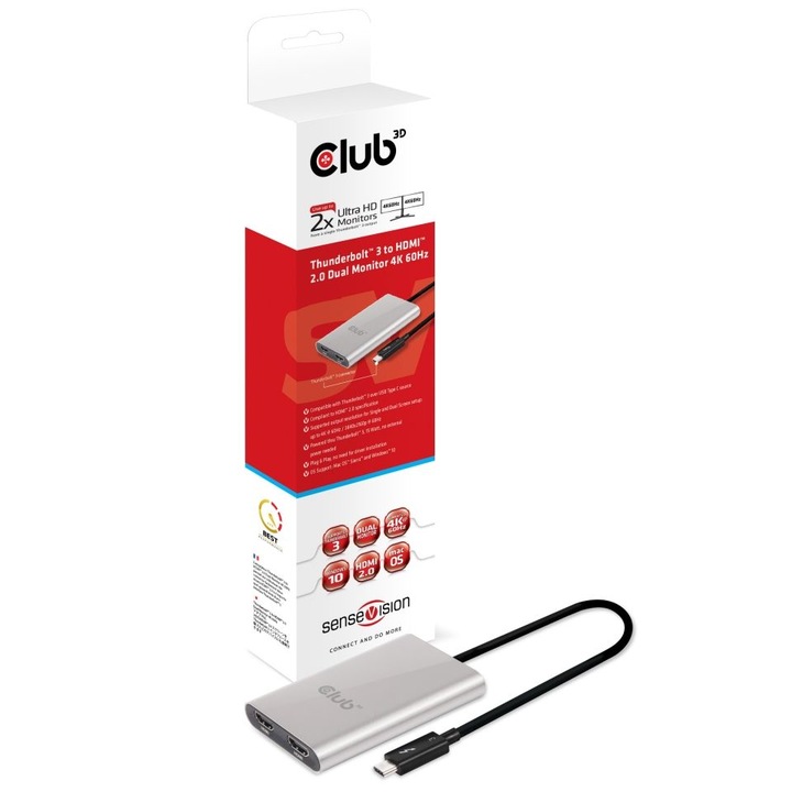 Адаптер Club3D Thunderbolt 3 към двоен HDMI 2.0 4K60Hz UHD, сребрист