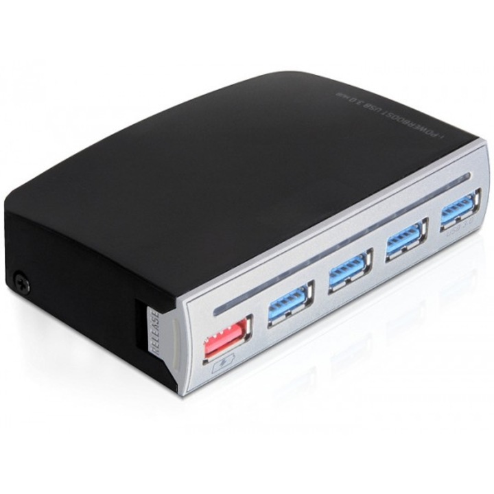 HUB 4 порта, DeLock, USB 3.01, с външно захранване, Черен