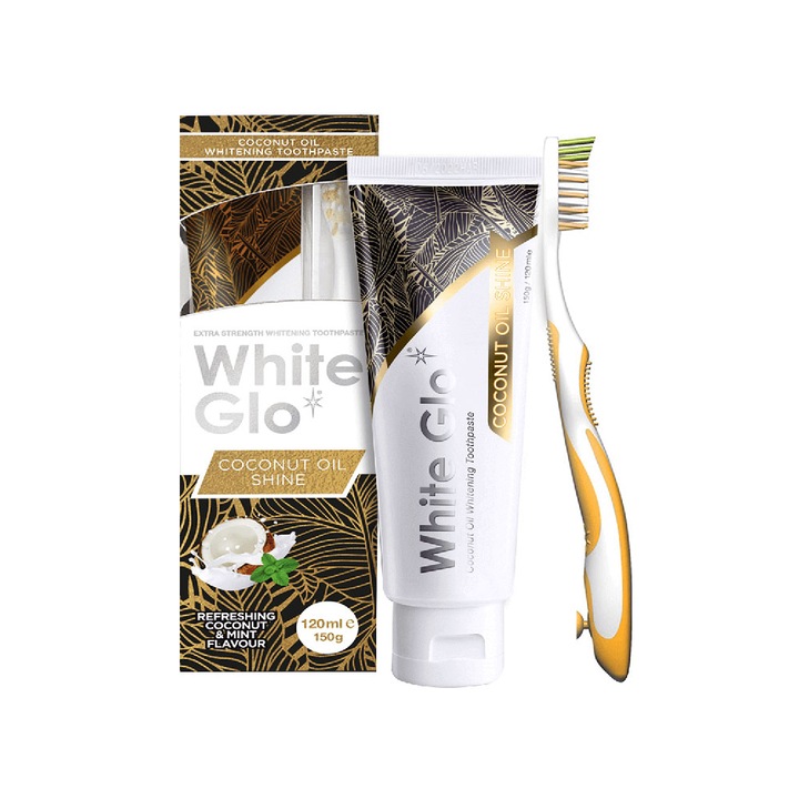 Комплект паста/четка за зъби, White Glo, Coconut Oil Shine, избелващ ефект, 120 ml