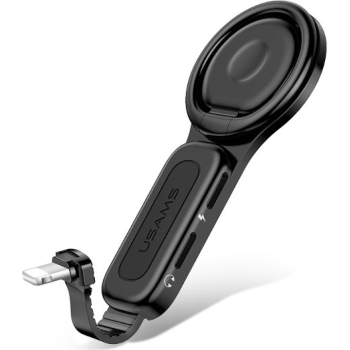 Adaptor USAMS AU06 2in1 Lightning - 2 x Lightning + suport inel negru SJ274LN01 (US-SJ274)