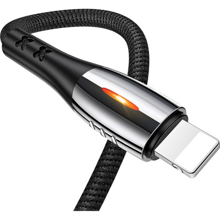 USAMS U-Tone Lightning Nylon kábel 1,2 m Stop 2A Gyorstöltés Fekete SJ344USB01 (US-SJ344)