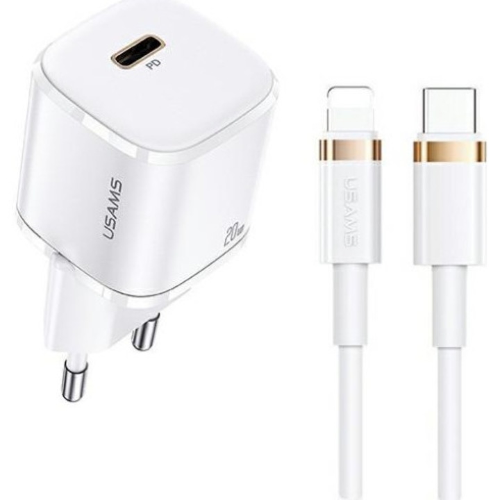 Töltő, USAMS 1xUSB-C T36 mini 20W + kábel USB-C-White Lightning PD3.0 Gyorstöltés XFKXLOGTL02 (US-CC124+US-SJ484)