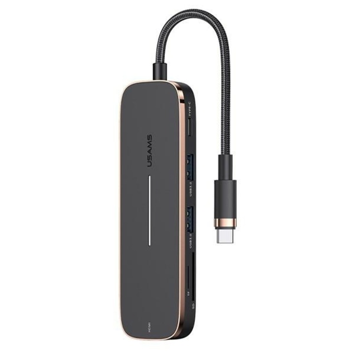 Хъб адаптер, Usams, 2xUSB/USB-C/HDMI/Micro SD+SD, черно/розово злато