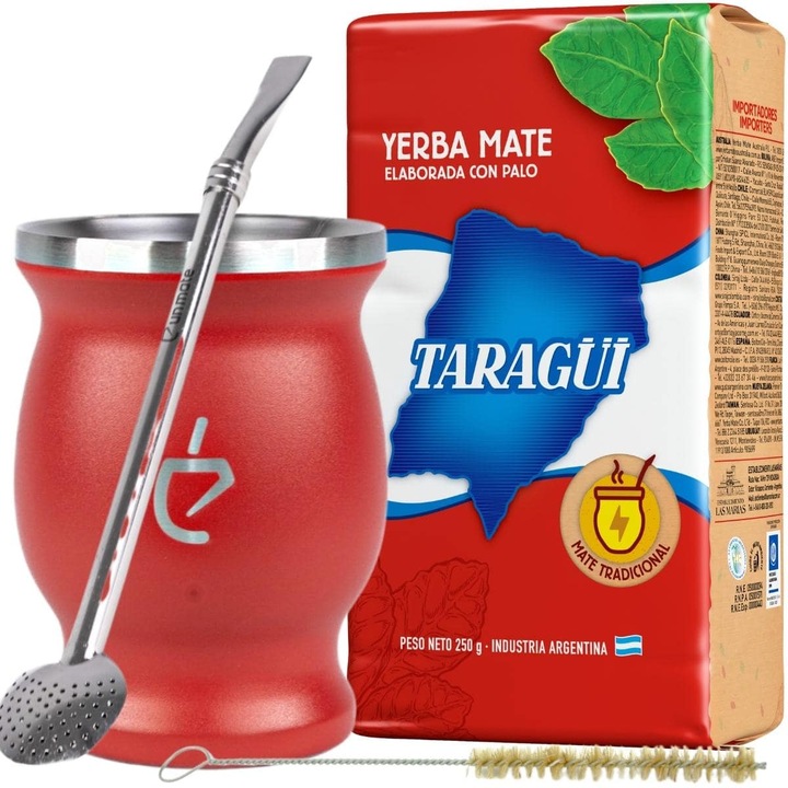 Комплект за чай Yerba Mate, Un Mate, неръждаема стомана, Червено