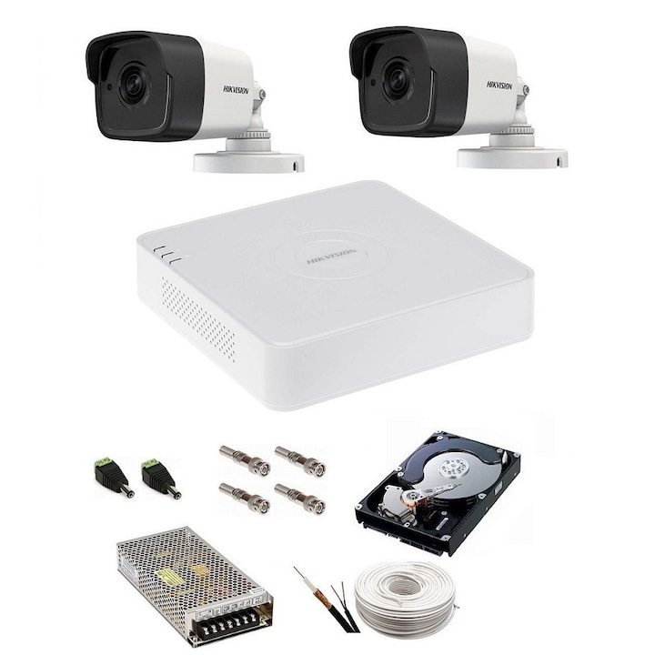 Kit complet supraveghere 5 MP Hikvision Turbo HD cu 2 camere Bullet IR 20 m,alimentatori, cabluri, mufe, HDD 500 Gb, vizualizare pe internet