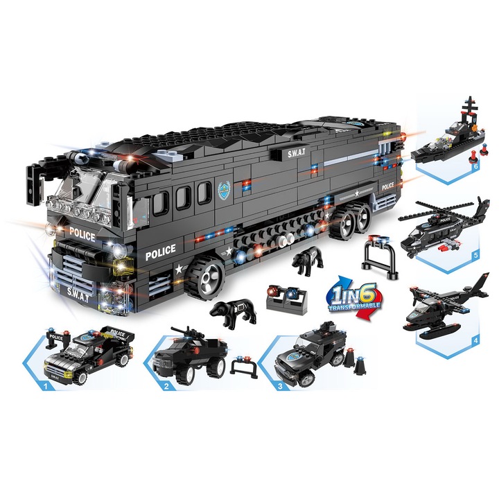 Set de constructie Coil, 6 modele, vehicul politie, 1014 elemente