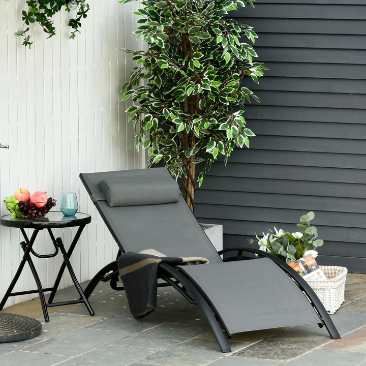 Накланящ се градински шезлонг, Outsunny, Алуминий, 171x64x82 см, Сив