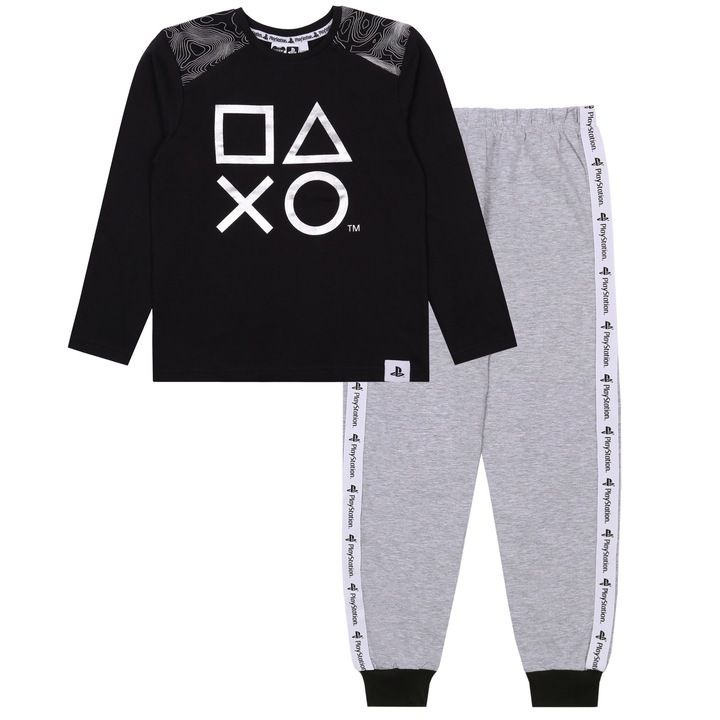 Pijama baieti PlayStation, Bumbac/Poliester, Gri/Negru, 116 cm