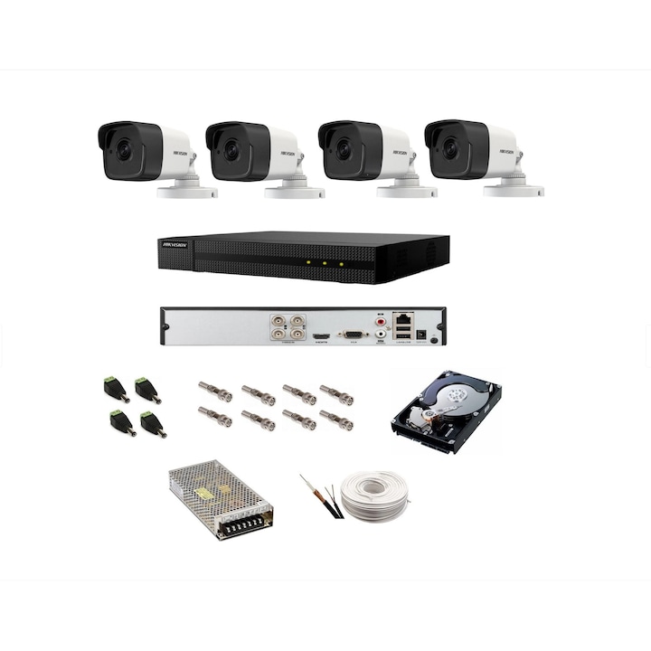 Kit complet supraveghere 5 MP Hikvision Turbo HD cu 4 camere Bullet IR 20 m,alimentatori, cabluri, mufe, HDD 1 Tb, vizualizare pe internet