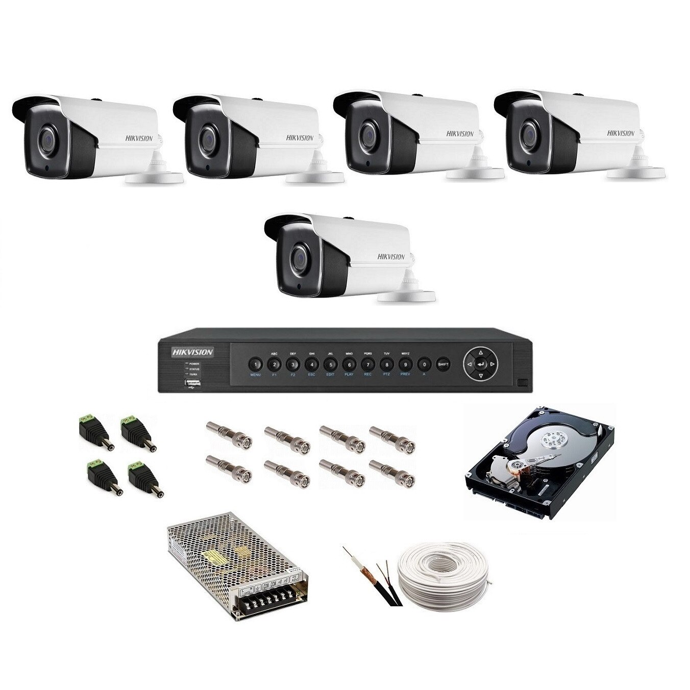 Kit complet supraveghere 5 MP Hikvision Turbo HD cu 5 camere Bullet IR 40 m,alimentatori, cabluri, mufe, HDD 1 Tb, vizualizare pe internet