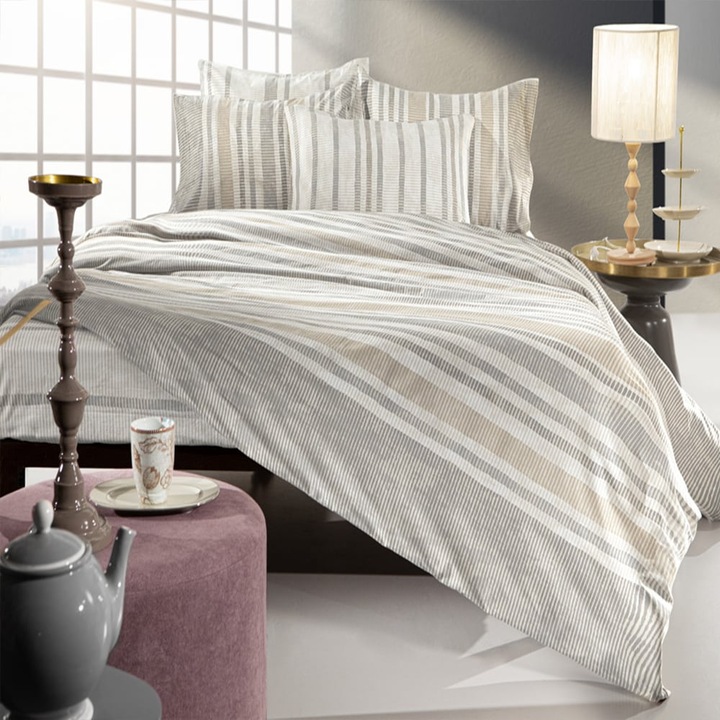 Lenjerie de pat Guy Laroche, set 3 piese, 100% bumbac percal, ecru-gri, dimensiuni: 165x265cm, 50x70cm