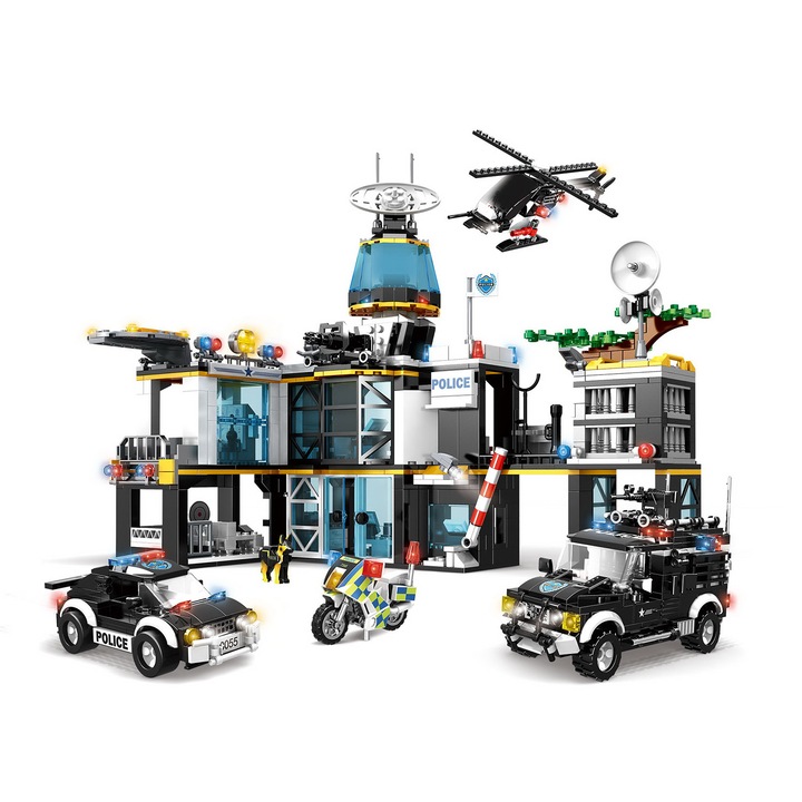 Mega set de constructie cu 1261 elemente, Coli, Masina de politie + post de politie + vehicule, Multicolor