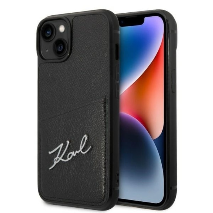 IPhone 15 Plus / iPhone 14 Plus tok – Karl Lagerfeld keménytokos bőr kártyahelyek (KLHCP14MCSSK) – aláírás logó
