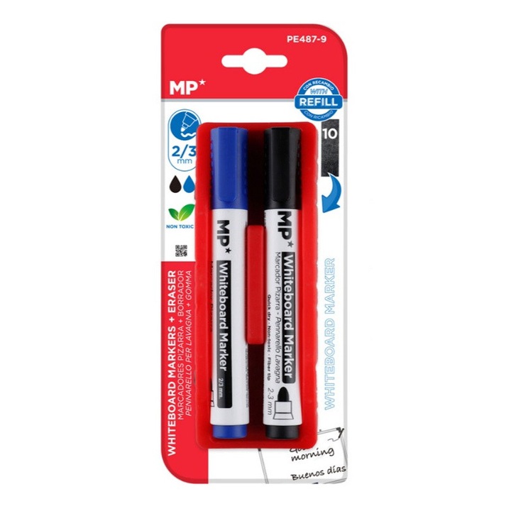 Set 2 markere si burete pentru tabla alba, MP, Varf rotund 2/3 mm, 13 cm, Negru/Albastru