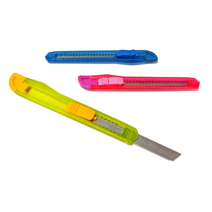 Cuttere plastic POWERTECH cu siguranta KNF-0004, 3 culori, 12 buc