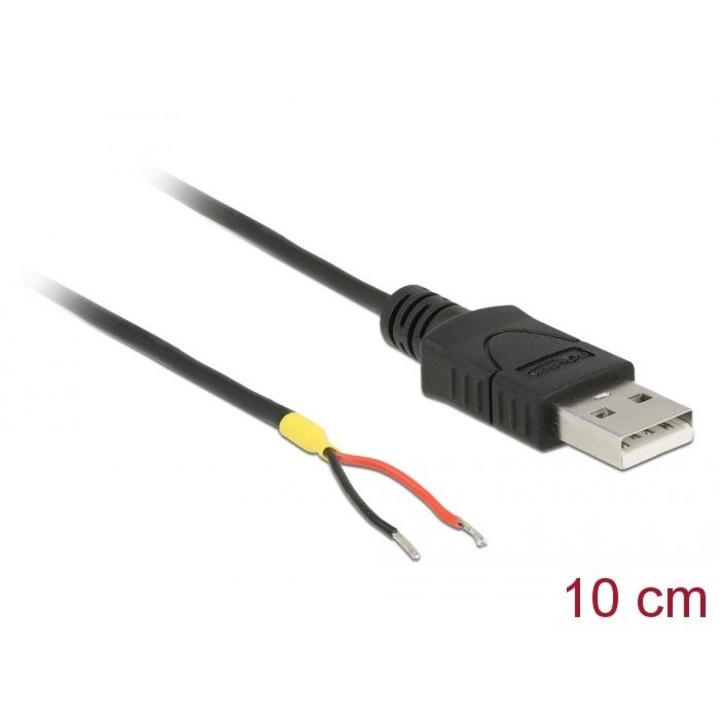 DeLock USB 2.0 Type-A male > 2 x open wires power 10 cm Raspberry Pi cable Black, 155412, Kábel