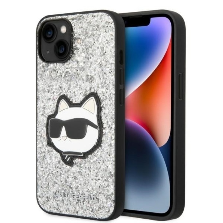 Tok iPhone 15 / iPhone 14 / iPhone 13 telefonokhoz – Karl Lagerfeld Hardcase Glitter (KLHCP14SG2CPS) – Silver Choupette Patch