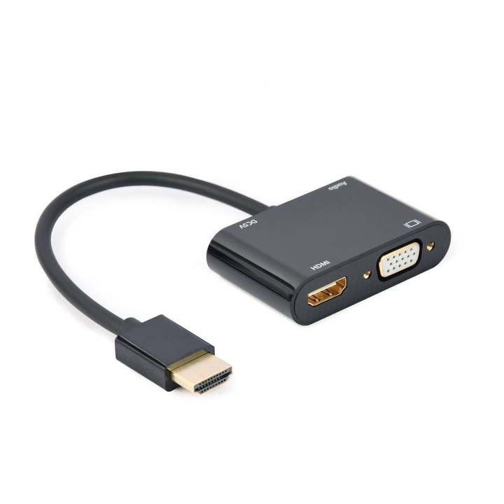 Cablu, Gembird, A-HDMIM-HDMIFVGAF HDMI tata la HDMI mama + VGA mama + cablu adaptor audio Negru A-HDMIM-HDMIFVGAF-01