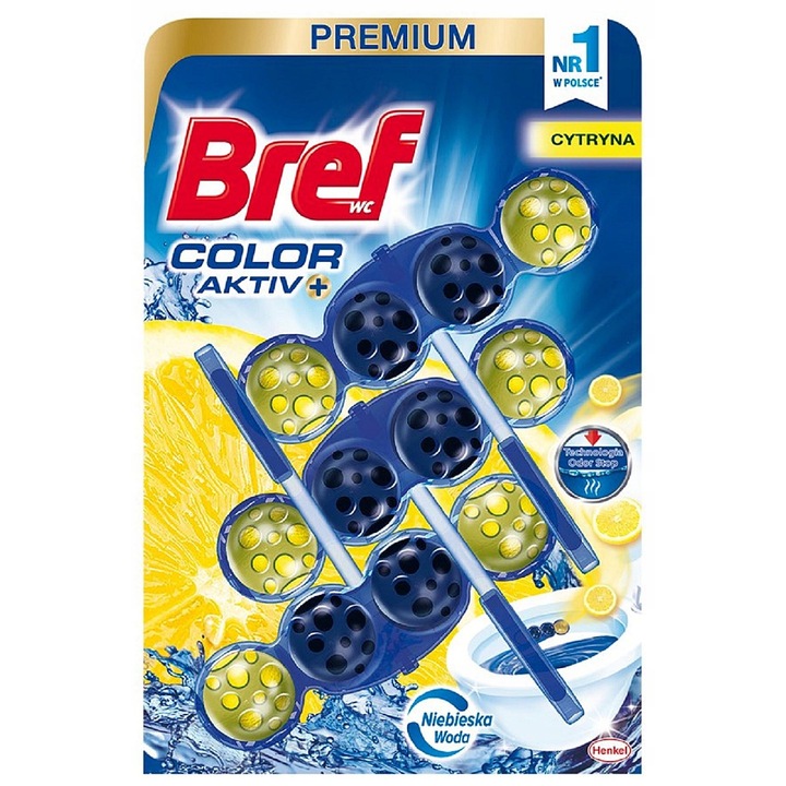 WC-frissítő Bref Color Aktiv Lemon, 3x50 g