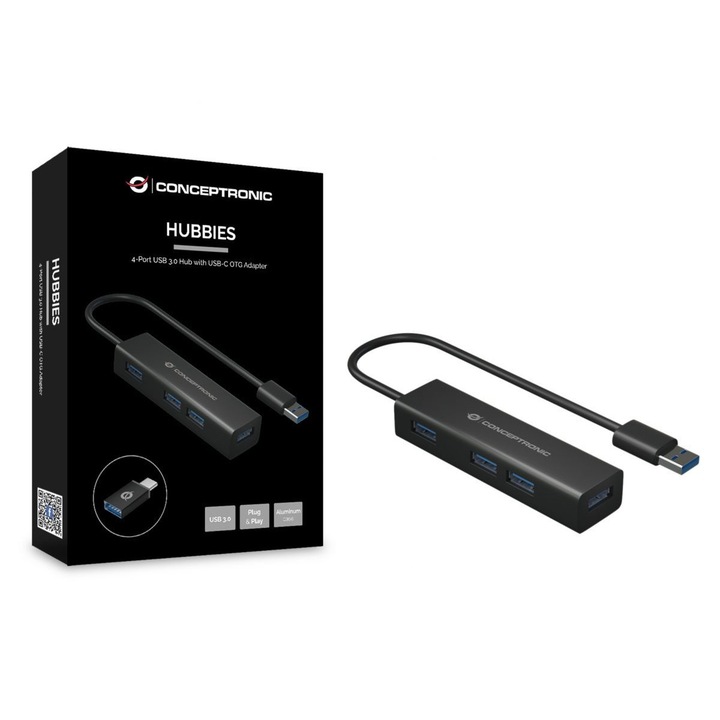 Хъб USB 3.0, Conceptronic, 4 порта, черен