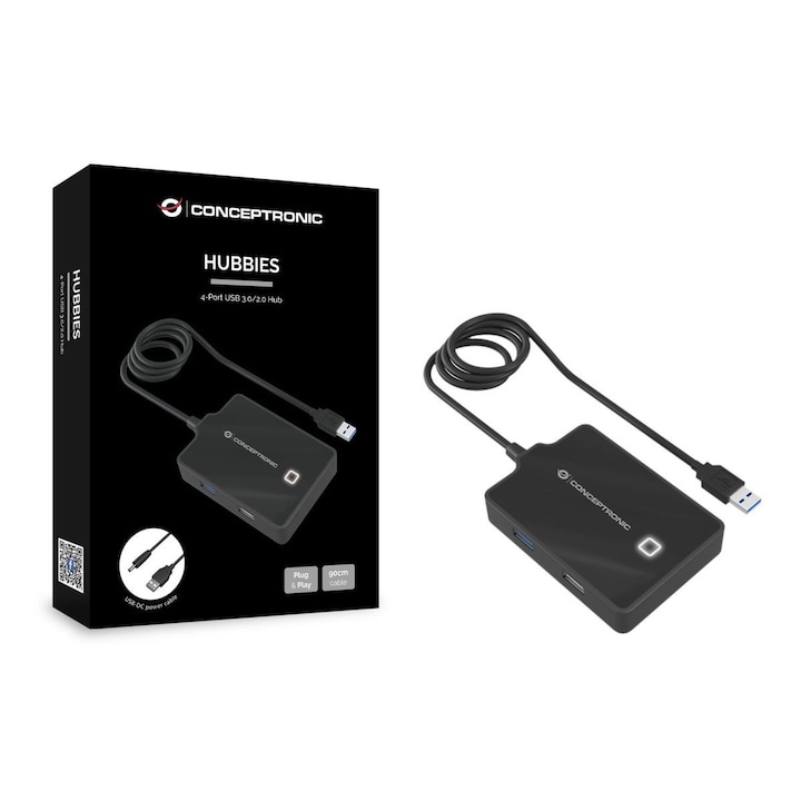 ХЪБ USB 3.0/2.0, Conceptronic, с 4 порта, HUBBIES10B, Черен
