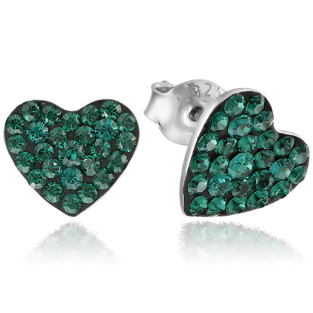 Cercei Argint 925 placat cu rodiu cu cristale Swarovski® Chaton Heart Emerald Surub