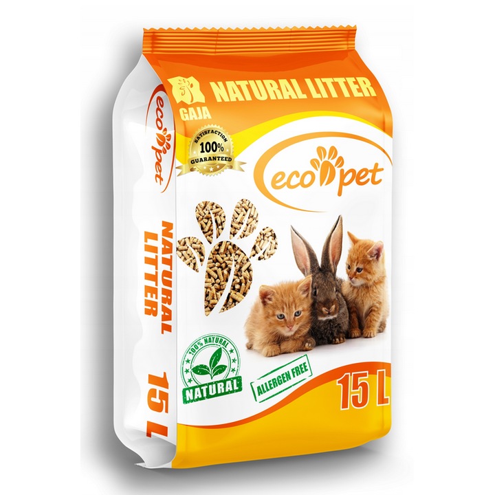 Asternut pentru pisici, Ecopet, Lemn asezonat, Biodegradabil, 10kg\15l