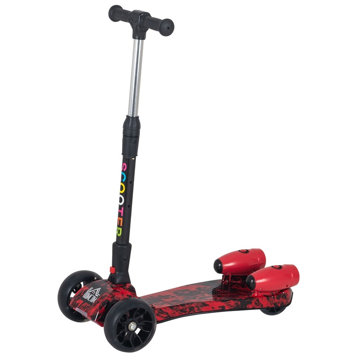 Összecsukható roller 3 kerékkel 3-8 éves gyerekeknek, HomCom, piros, 61x26x63-81cm, zene és fény kerekek