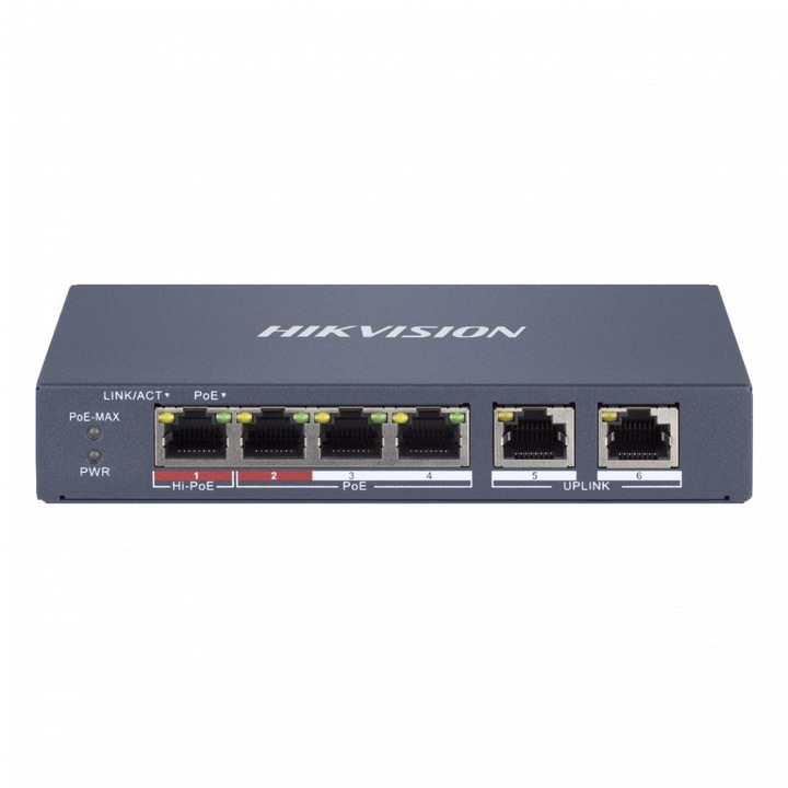 Превключвател 4 портури PoE Hikvision DS-3E1106HP-EI 4 × 100 Mbps PoE RJ45 порта, 2 × 100 Mbps мрежа RJ